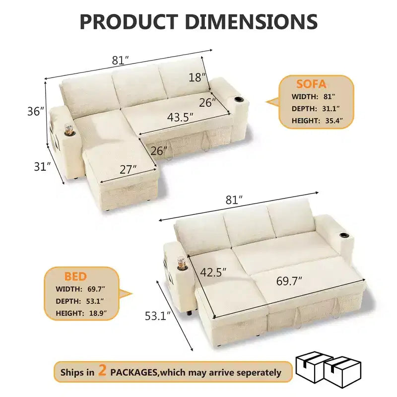 Dyonery Sleeper Sofa Bed,82 Pull Out Couch with Reclining Backrest/Reversible Storage Chaise, 3 in 1 L-Shaped Couch Tool-Free Assembly