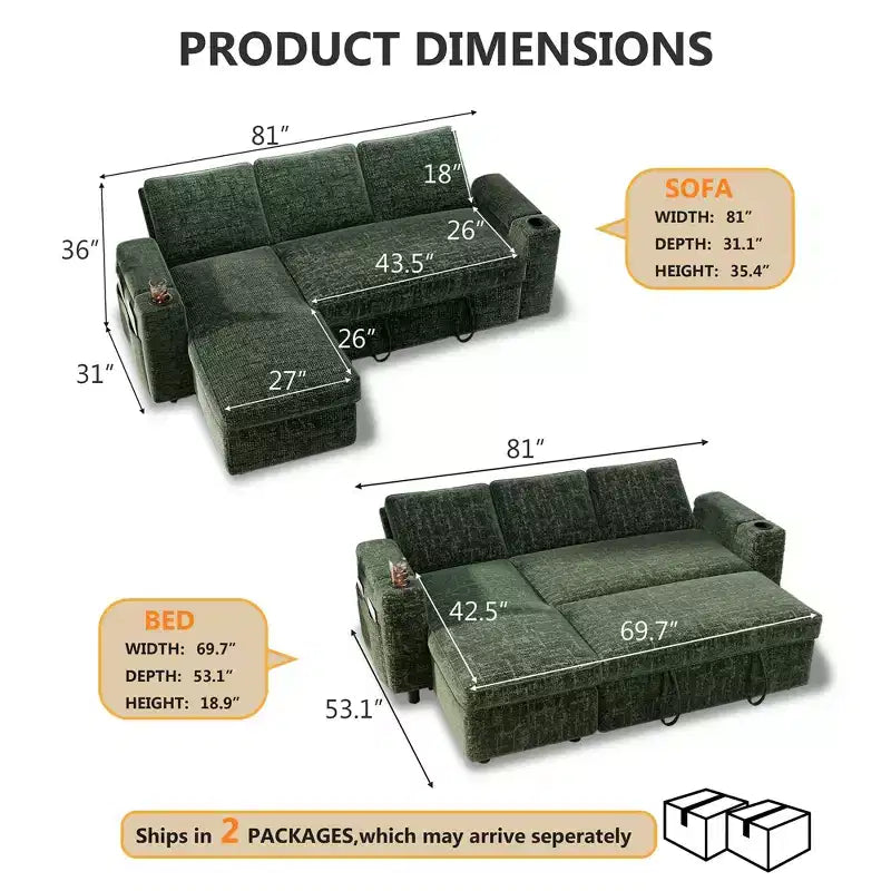 Dyonery Sleeper Sofa Bed,82 Pull Out Couch with Reclining Backrest/Reversible Storage Chaise, 3 in 1 L-Shaped Couch Tool-Free Assembly