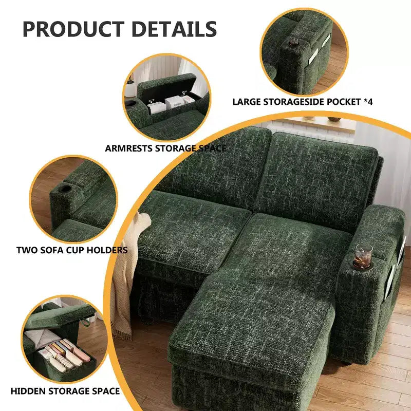 Dyonery Sleeper Sofa Bed,82 Pull Out Couch with Reclining Backrest/Reversible Storage Chaise, 3 in 1 L-Shaped Couch Tool-Free Assembly