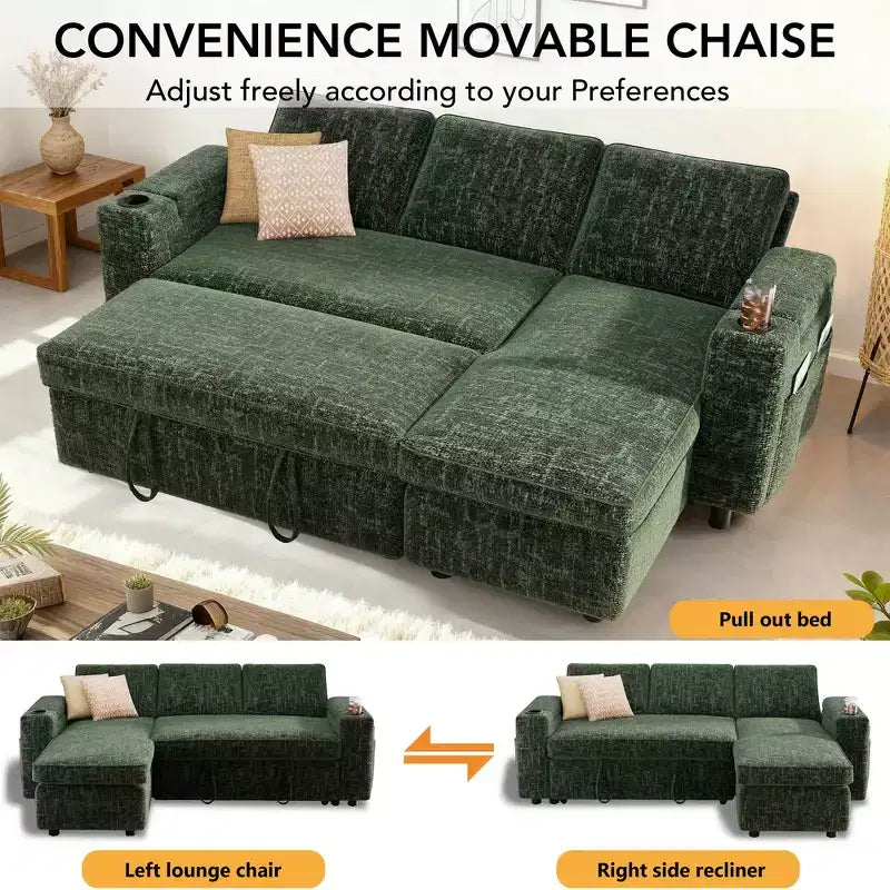 Dyonery Sleeper Sofa Bed,82 Pull Out Couch with Reclining Backrest/Reversible Storage Chaise, 3 in 1 L-Shaped Couch Tool-Free Assembly