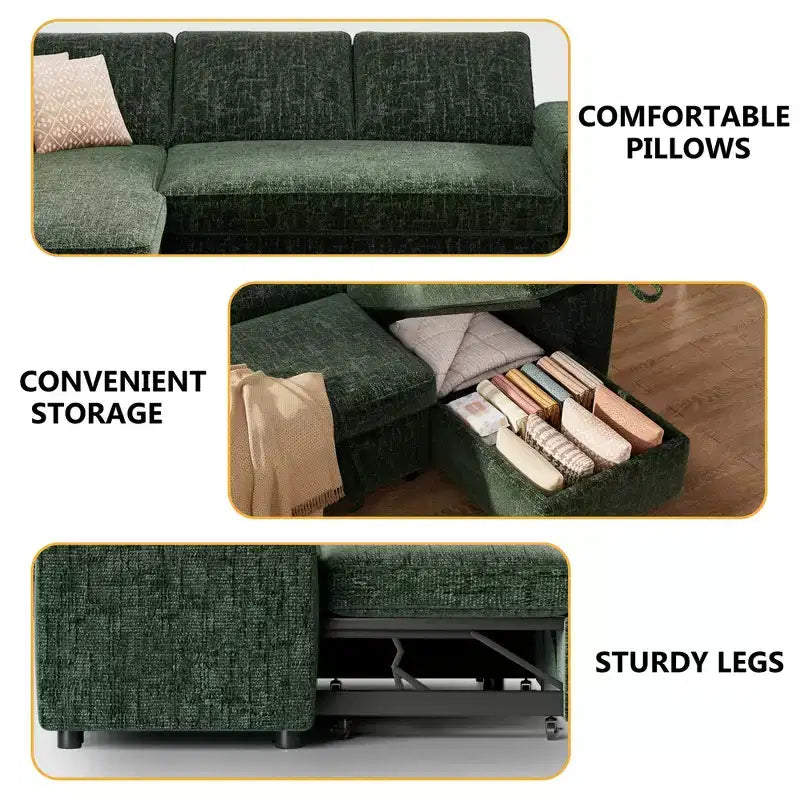 Dyonery Sleeper Sofa Bed,82 Pull Out Couch with Reclining Backrest/Reversible Storage Chaise, 3 in 1 L-Shaped Couch Tool-Free Assembly