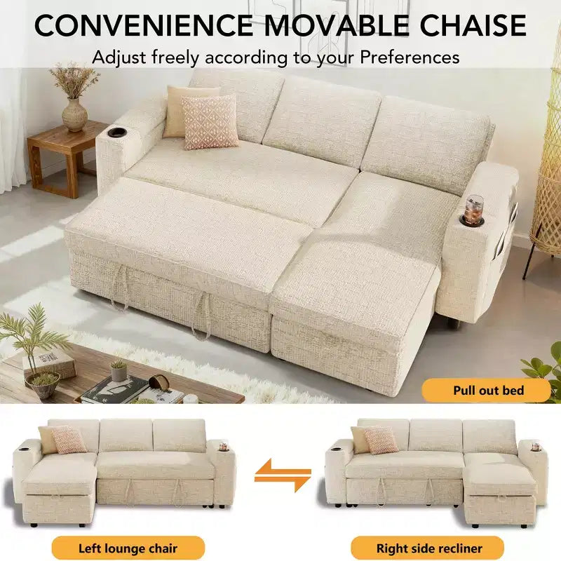 Dyonery Sleeper Sofa Bed,82 Pull Out Couch with Reclining Backrest/Reversible Storage Chaise, 3 in 1 L-Shaped Couch Tool-Free Assembly