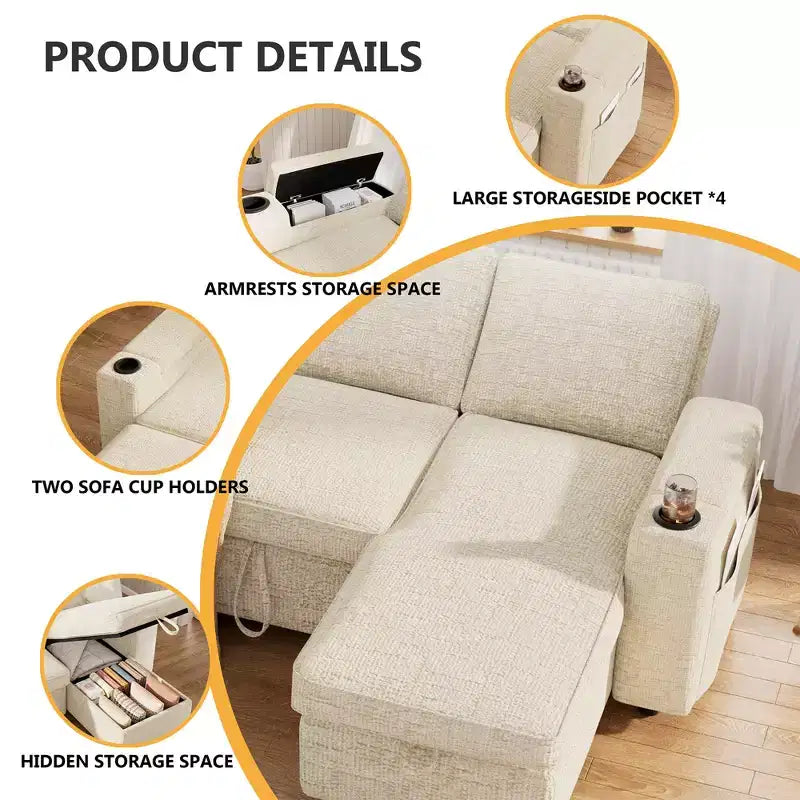 Dyonery Sleeper Sofa Bed,82 Pull Out Couch with Reclining Backrest/Reversible Storage Chaise, 3 in 1 L-Shaped Couch Tool-Free Assembly