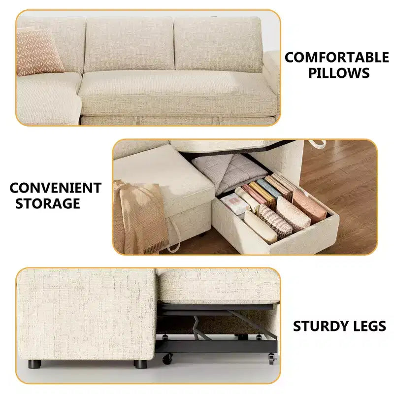 Dyonery Sleeper Sofa Bed,82 Pull Out Couch with Reclining Backrest/Reversible Storage Chaise, 3 in 1 L-Shaped Couch Tool-Free Assembly