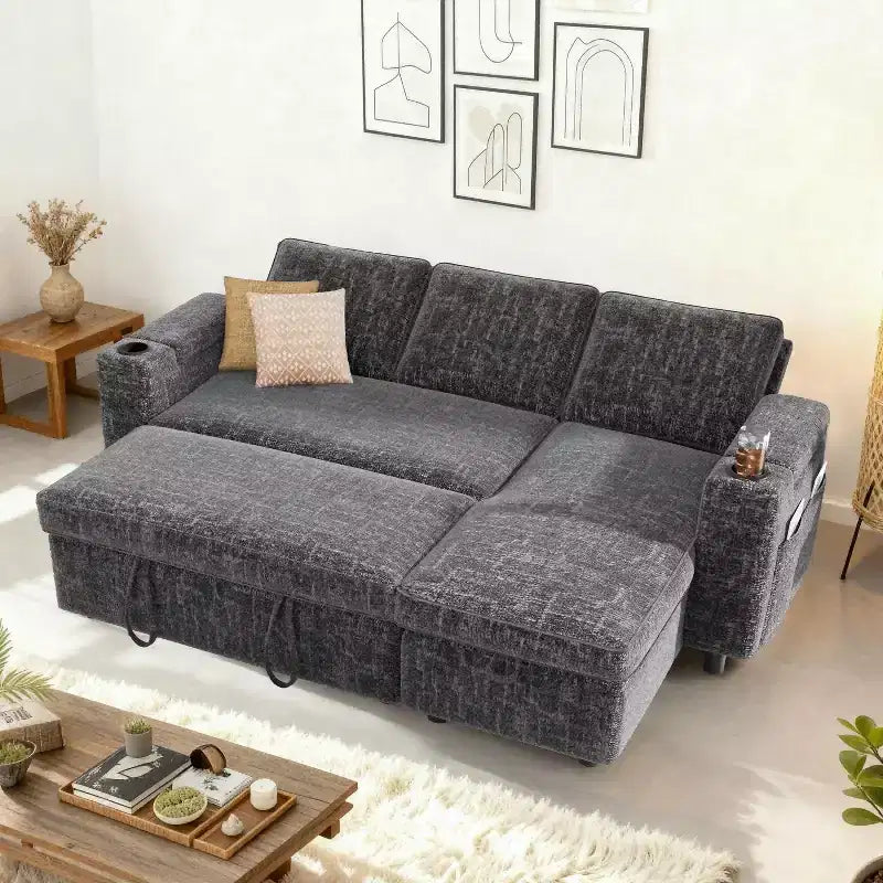 Sofá cama Dyonery, sofá extraíble de 82 pulgadas con respaldo reclinable/chaise longue de almacenamiento reversible, sofá en forma de L 3 en 1 de montaje sin herramientas
