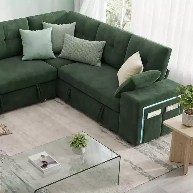 Dyonery 112 Modular Convertible Sectional Sleeper Sofa with Pull Out Bed,Linen Convertible Couch with Storage Seat,Sectional Couches for Living Room