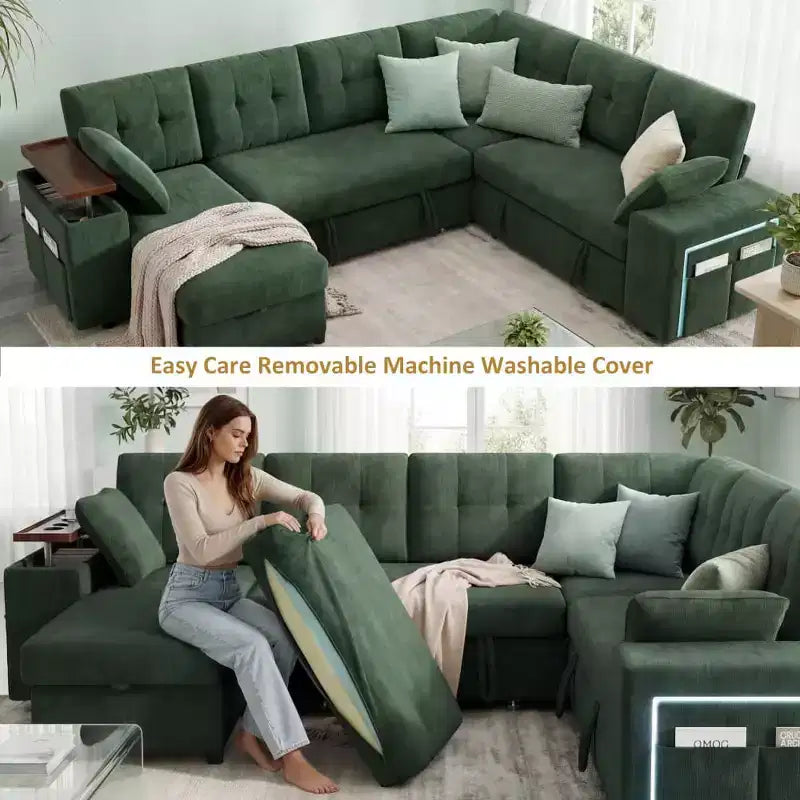 Dyonery 112 Modular Convertible Sectional Sleeper Sofa with Pull Out Bed,Linen Convertible Couch with Storage Seat,Sectional Couches for Living Room