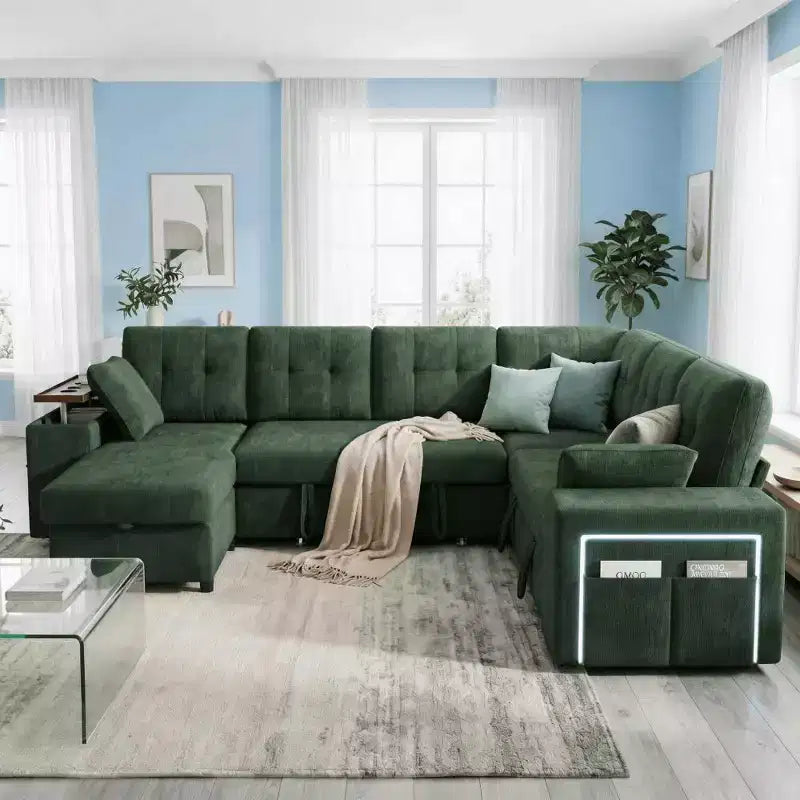 Dyonery 112 Modular Convertible Sectional Sleeper Sofa with Pull Out Bed,Linen Convertible Couch with Storage Seat,Sectional Couches for Living Room