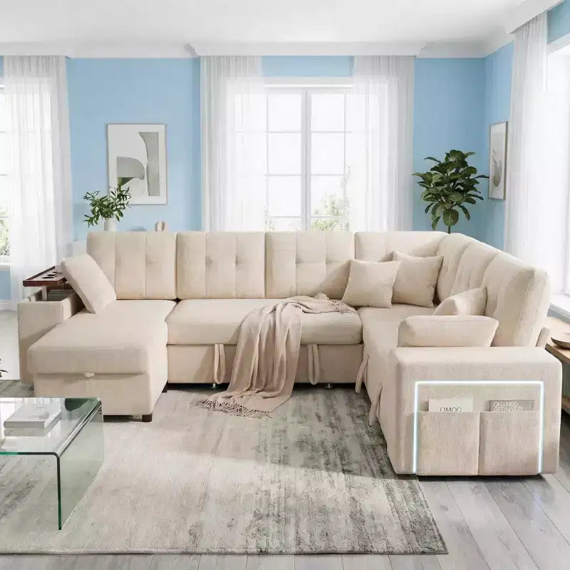 Dyonery 112 Modular Convertible Sectional Sleeper Sofa with Pull Out Bed,Linen Convertible Couch with Storage Seat,Sectional Couches for Living Room