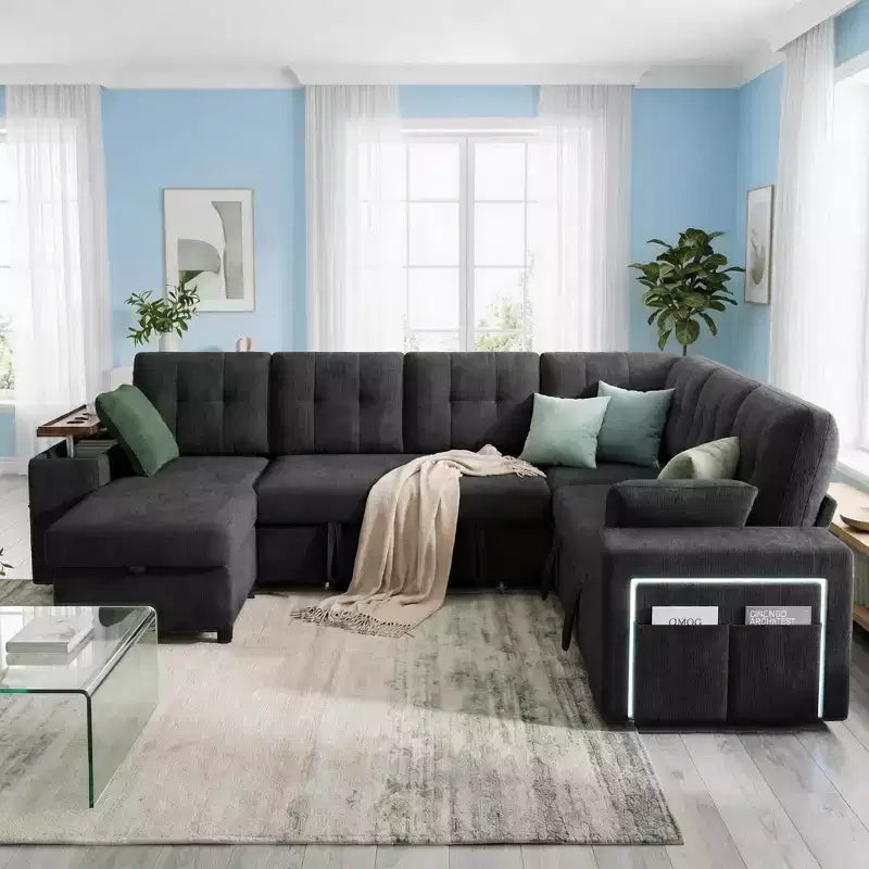 Dyonery 112 Modular Convertible Sectional Sleeper Sofa with Pull Out Bed,Linen Convertible Couch with Storage Seat,Sectional Couches for Living Room