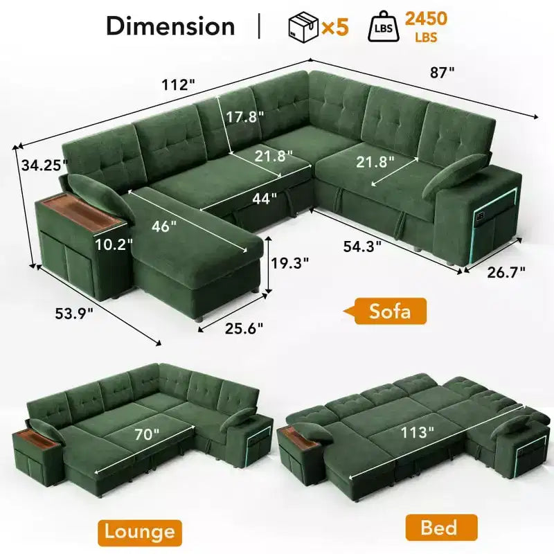 Dyonery 112 Modular Convertible Sectional Sleeper Sofa with Pull Out Bed,Linen Convertible Couch with Storage Seat,Sectional Couches for Living Room