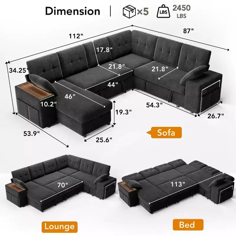 Dyonery 112 Modular Convertible Sectional Sleeper Sofa with Pull Out Bed,Linen Convertible Couch with Storage Seat,Sectional Couches for Living Room