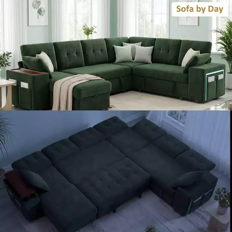 Dyonery 112 Modular Convertible Sectional Sleeper Sofa with Pull Out Bed,Linen Convertible Couch with Storage Seat,Sectional Couches for Living Room