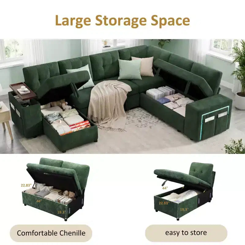 Dyonery 112 Modular Convertible Sectional Sleeper Sofa with Pull Out Bed,Linen Convertible Couch with Storage Seat,Sectional Couches for Living Room