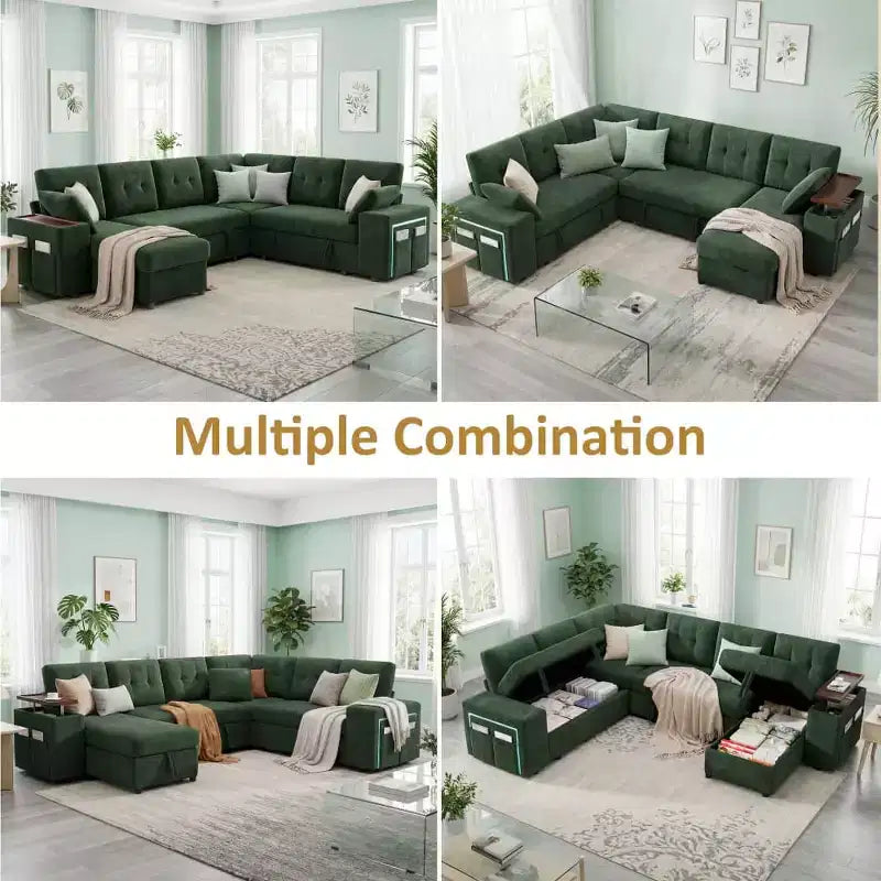 Dyonery 112 Modular Convertible Sectional Sleeper Sofa with Pull Out Bed,Linen Convertible Couch with Storage Seat,Sectional Couches for Living Room