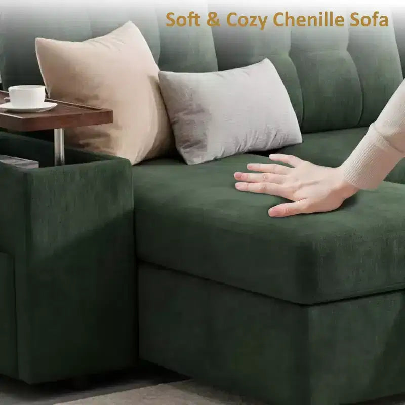 Dyonery 112 Modular Convertible Sectional Sleeper Sofa with Pull Out Bed,Linen Convertible Couch with Storage Seat,Sectional Couches for Living Room