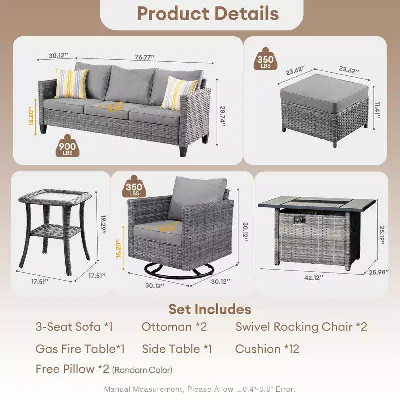 HOMLUX 7-Pc Outdoor Patio Set with Fire Pit Table, Sofa, Swivel Chairs & Ottoman