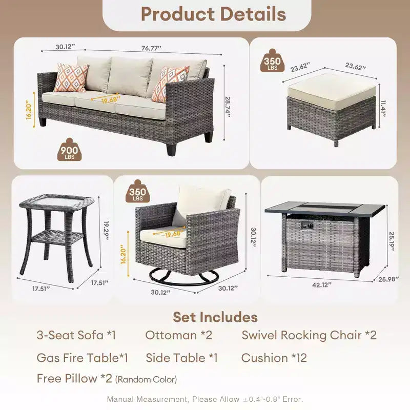 HOMLUX 7-Pc Outdoor Patio Set with Fire Pit Table, Sofa, Swivel Chairs & Ottoman