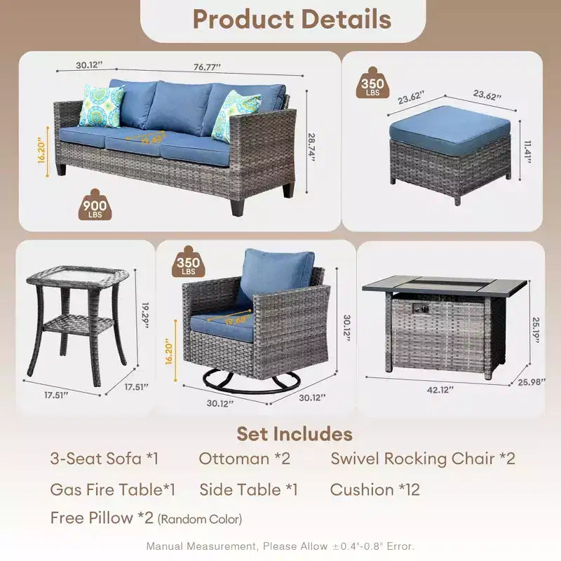 HOMLUX 7-Pc Outdoor Patio Set with Fire Pit Table, Sofa, Swivel Chairs & Ottoman