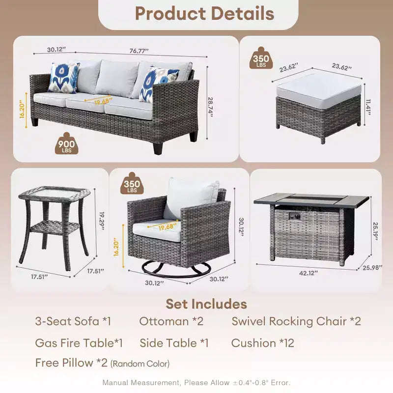 HOMLUX 7-Pc Outdoor Patio Set with Fire Pit Table, Sofa, Swivel Chairs & Ottoman