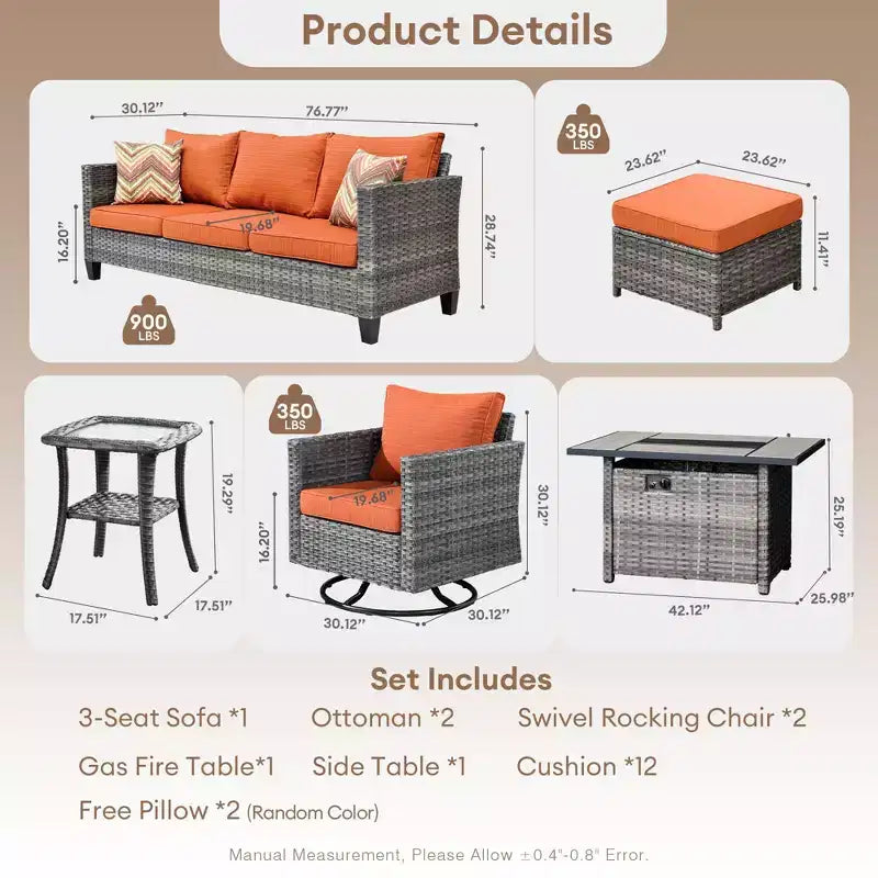 HOMLUX 7-Pc Outdoor Patio Set with Fire Pit Table, Sofa, Swivel Chairs & Ottoman
