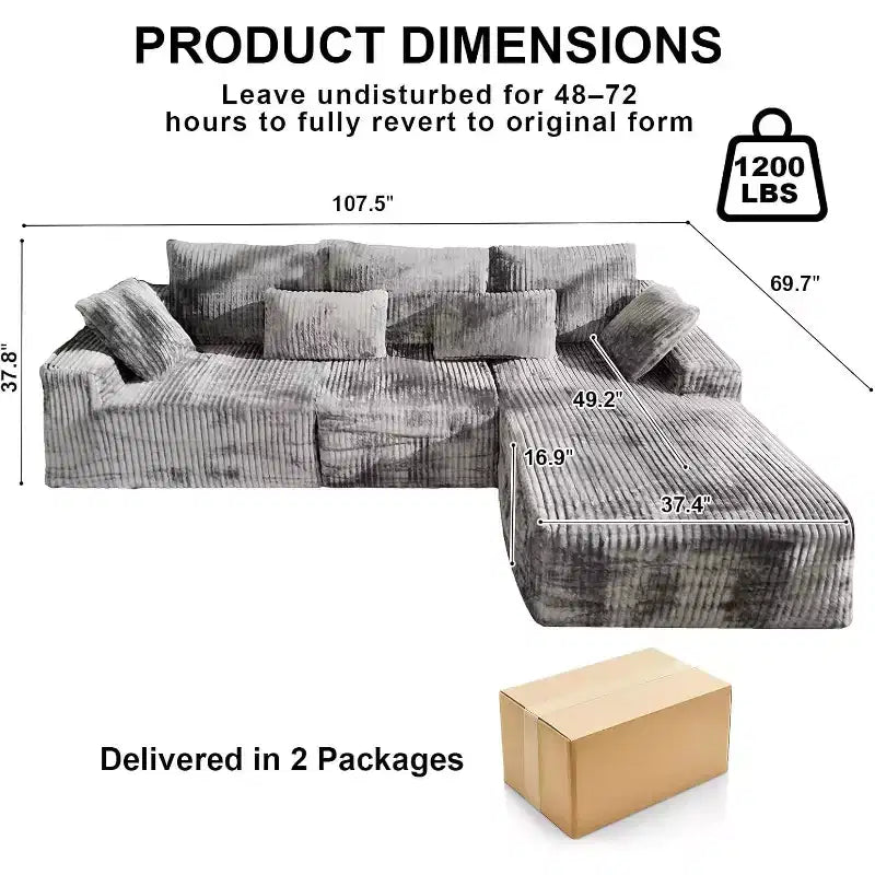 MooxvMoo 107.5 Modular Sectional Sofa, L Shaped Boneless Couches with Chaise & Throw Pillow for Living Room, Gray