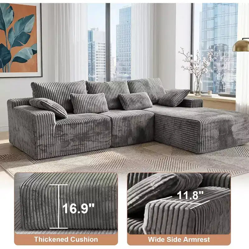 MooxvMoo 107.5 Modular Sectional Sofa, L Shaped Boneless Couches with Chaise & Throw Pillow for Living Room, Gray