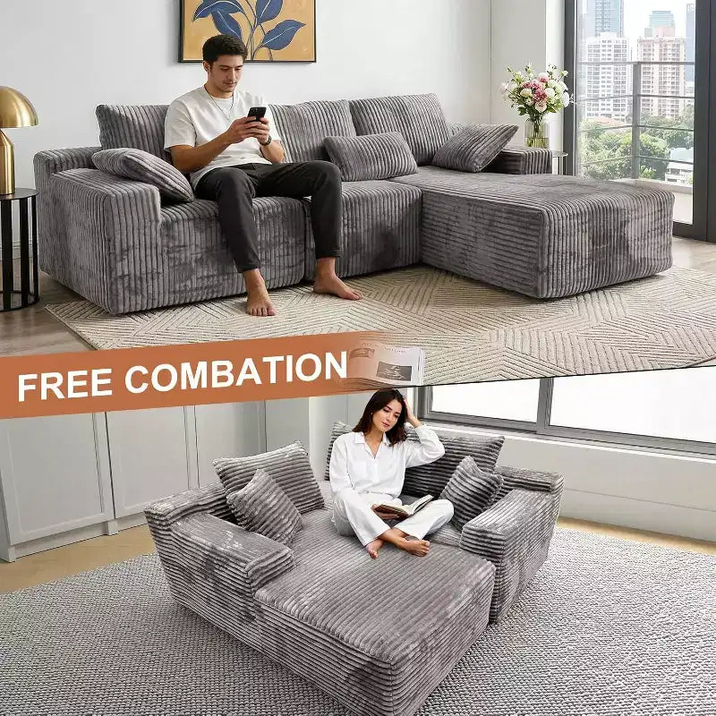 MooxvMoo 107.5 Modular Sectional Sofa, L Shaped Boneless Couches with Chaise & Throw Pillow for Living Room, Gray