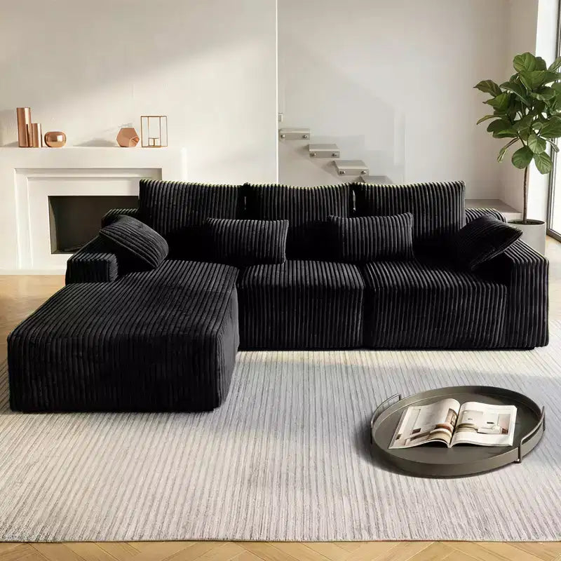 MooxvMoo 107.5 Boneless Couch with Chaise & Throw Pillow, Plush Corduroy Compressed Sectional Sofa, No Assembly Required, Black