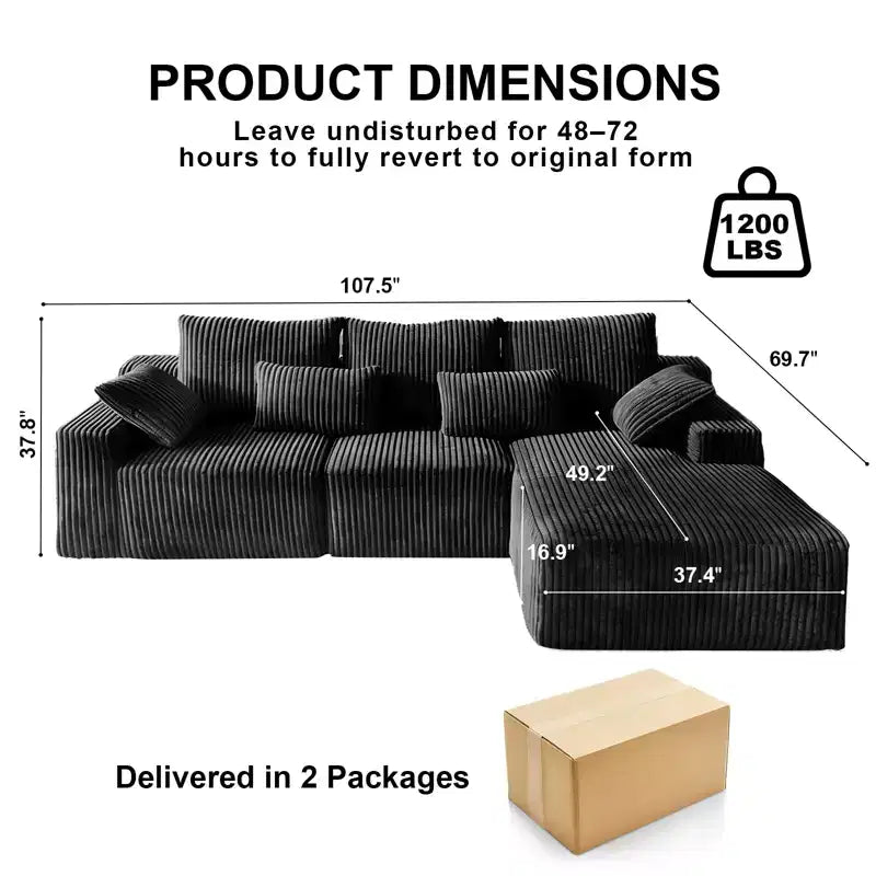 MooxvMoo 107.5 Boneless Couch with Chaise & Throw Pillow, Plush Corduroy Compressed Sectional Sofa, No Assembly Required, Black