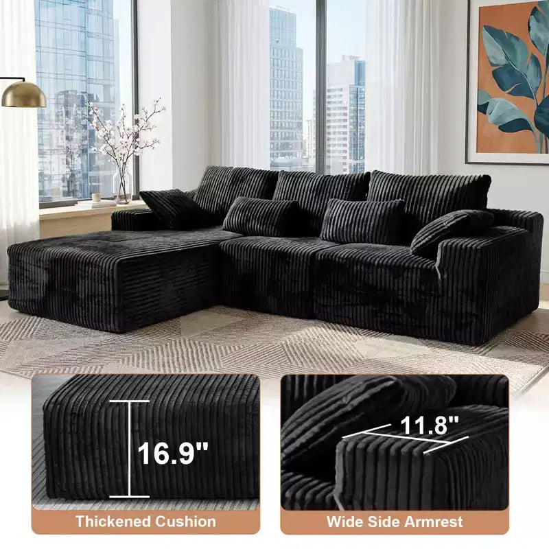 MooxvMoo 107.5 Boneless Couch with Chaise & Throw Pillow, Plush Corduroy Compressed Sectional Sofa, No Assembly Required, Black
