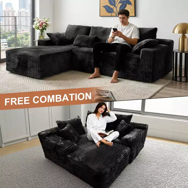 MooxvMoo 107.5 Boneless Couch with Chaise & Throw Pillow, Plush Corduroy Compressed Sectional Sofa, No Assembly Required, Black