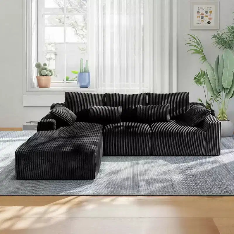 MooxvMoo 107.5 Boneless Couch with Chaise & Throw Pillow, Plush Corduroy Compressed Sectional Sofa, No Assembly Required, Black