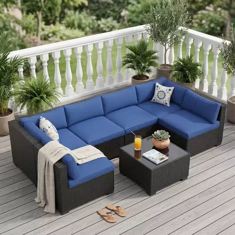7-Piece Outdoor Patio Sofa Set  Durable Iron Frame Brown Gradient Wicker Sectional with Soft Beige Cushions  Outdoor Conversation Furniture
