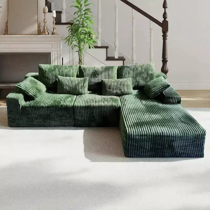 MooxvMoo 107.5 Boneless Couch with Chaise & Throw Pillow, Plush Corduroy Compressed Sectional Sofa, No Assembly Required, Green