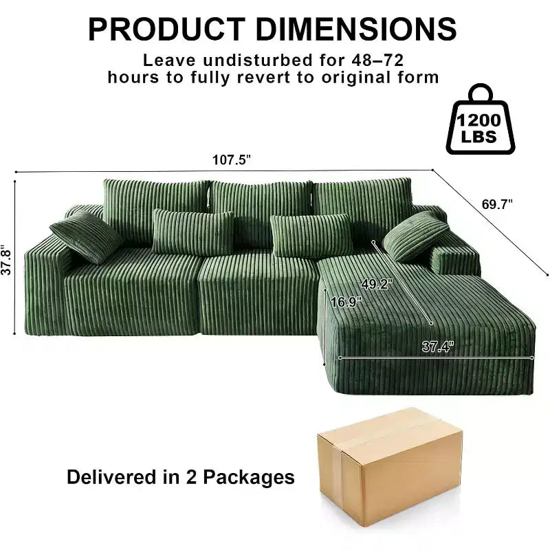 MooxvMoo 107.5 Boneless Couch with Chaise & Throw Pillow, Plush Corduroy Compressed Sectional Sofa, No Assembly Required, Green