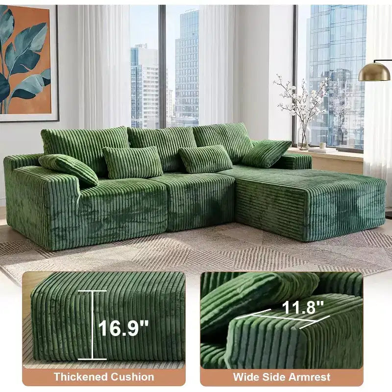 MooxvMoo 107.5 Boneless Couch with Chaise & Throw Pillow, Plush Corduroy Compressed Sectional Sofa, No Assembly Required, Green