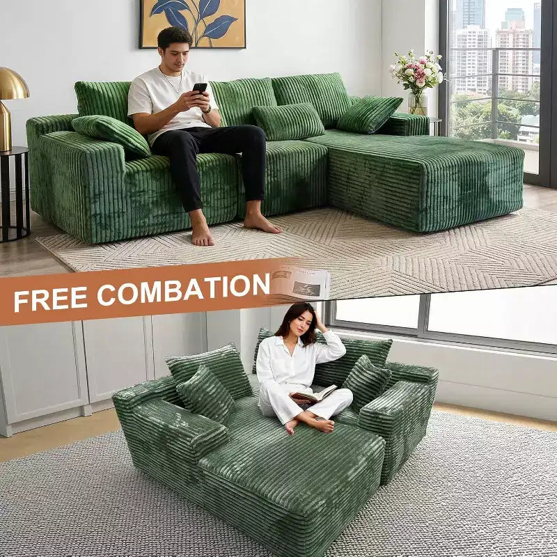 MooxvMoo 107.5 Boneless Couch with Chaise & Throw Pillow, Plush Corduroy Compressed Sectional Sofa, No Assembly Required, Green
