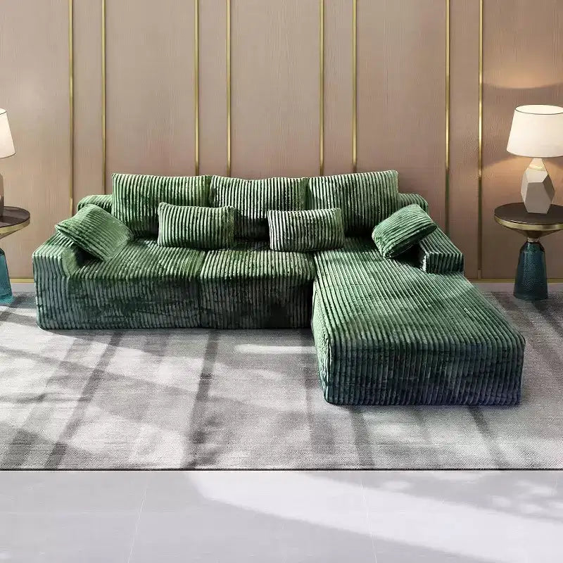 MooxvMoo 107.5 Boneless Couch with Chaise & Throw Pillow, Plush Corduroy Compressed Sectional Sofa, No Assembly Required, Green
