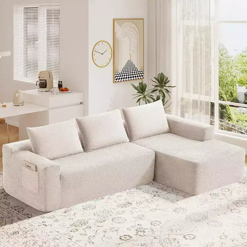 MooxvMoo 97 L-Shaped Modular Sectional Sofa, Compression Sleeper Couch with Right Facing Chaise, Deep Seats for Living Room, White