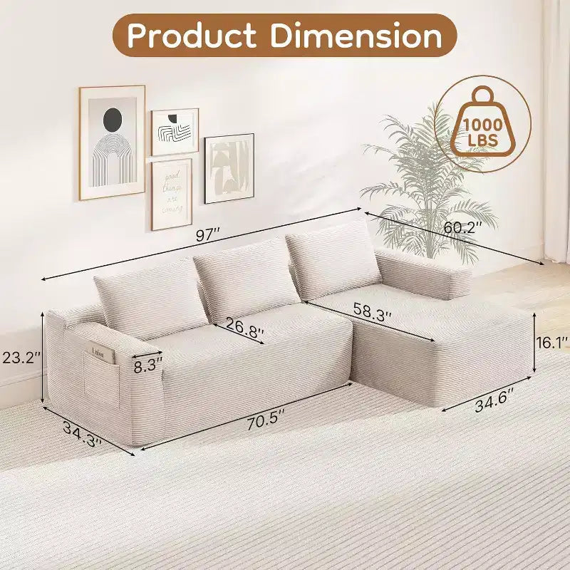 MooxvMoo 97 L-Shaped Modular Sectional Sofa, Compression Sleeper Couch with Right Facing Chaise, Deep Seats for Living Room, White