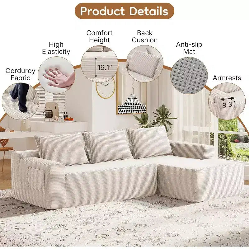 MooxvMoo 97 L-Shaped Modular Sectional Sofa, Compression Sleeper Couch with Right Facing Chaise, Deep Seats for Living Room, White