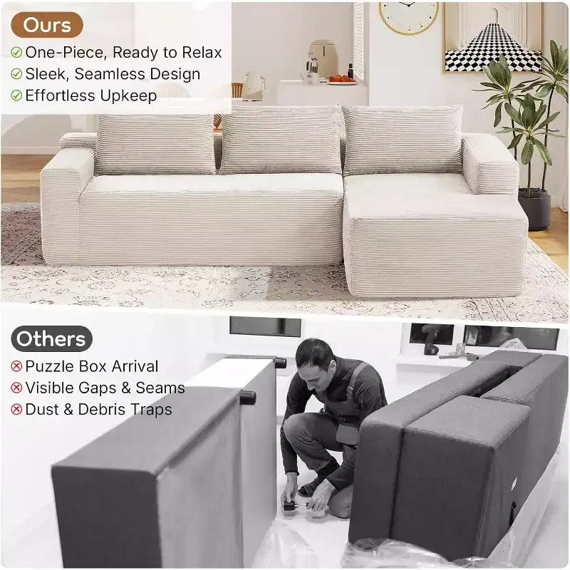 MooxvMoo 97 L-Shaped Modular Sectional Sofa, Compression Sleeper Couch with Right Facing Chaise, Deep Seats for Living Room, White