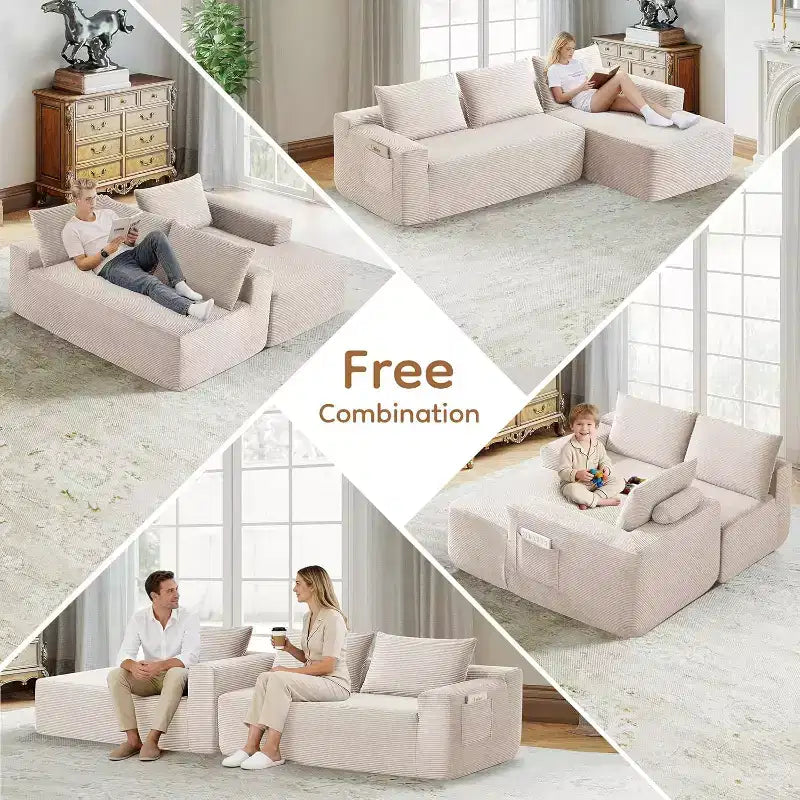 MooxvMoo 97 L-Shaped Modular Sectional Sofa, Compression Sleeper Couch with Right Facing Chaise, Deep Seats for Living Room, White