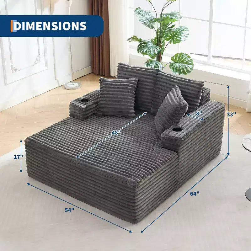 64 Oversized Corduroy Chaise Lounge Chair, Boneless Sleeper Sofa Bed Couch with Cup Holders & 2 Pillows, No Assembly Required