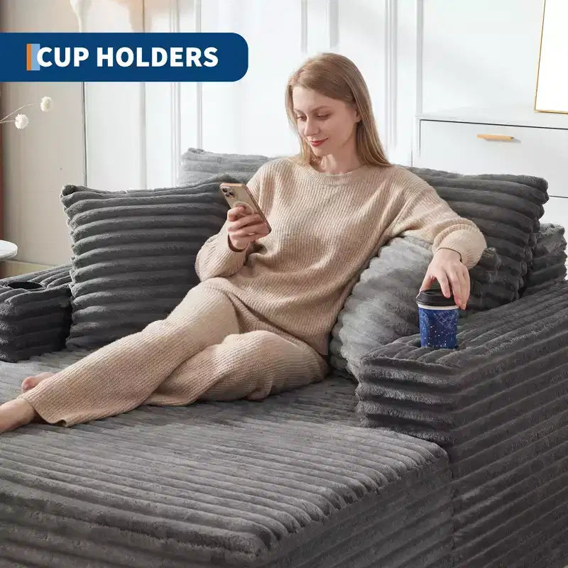 64 Oversized Corduroy Chaise Lounge Chair, Boneless Sleeper Sofa Bed Couch with Cup Holders & 2 Pillows, No Assembly Required