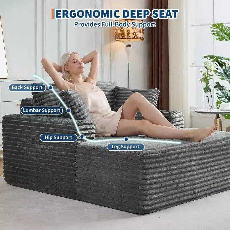 64 Oversized Corduroy Chaise Lounge Chair, Boneless Sleeper Sofa Bed Couch with Cup Holders & 2 Pillows, No Assembly Required