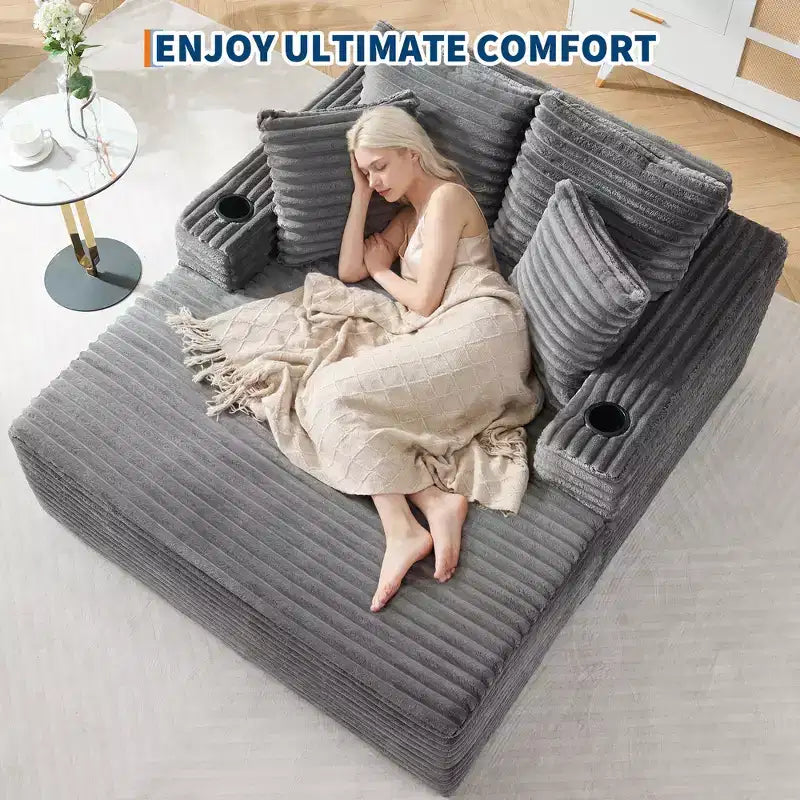 64 Oversized Corduroy Chaise Lounge Chair, Boneless Sleeper Sofa Bed Couch with Cup Holders & 2 Pillows, No Assembly Required