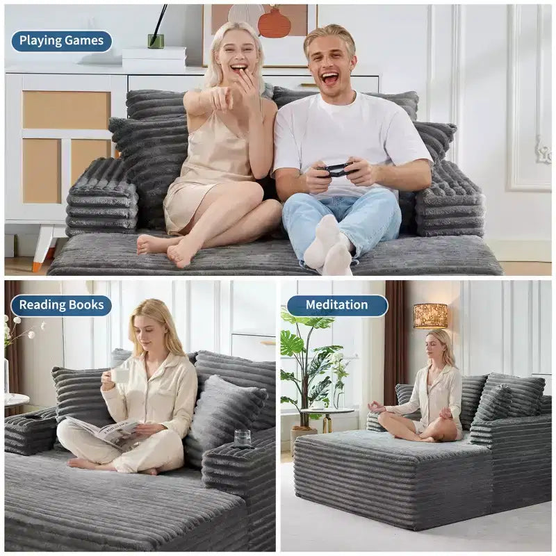 64 Oversized Corduroy Chaise Lounge Chair, Boneless Sleeper Sofa Bed Couch with Cup Holders & 2 Pillows, No Assembly Required
