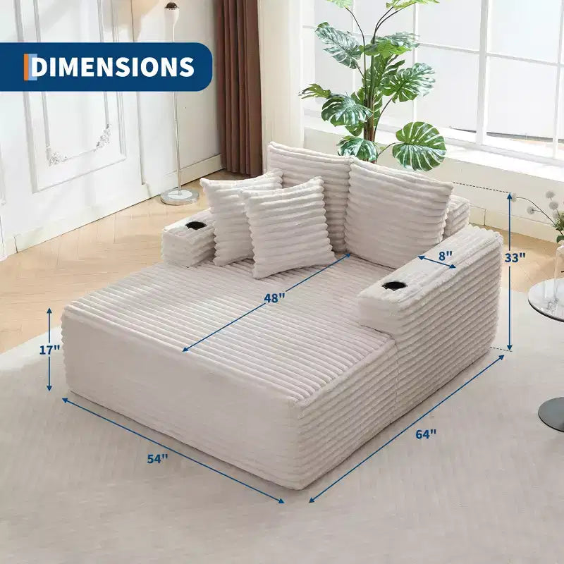 64 Oversized Corduroy Chaise Lounge Chair, Boneless Sleeper Sofa Bed Couch with Cup Holders & 2 Pillows, No Assembly Required